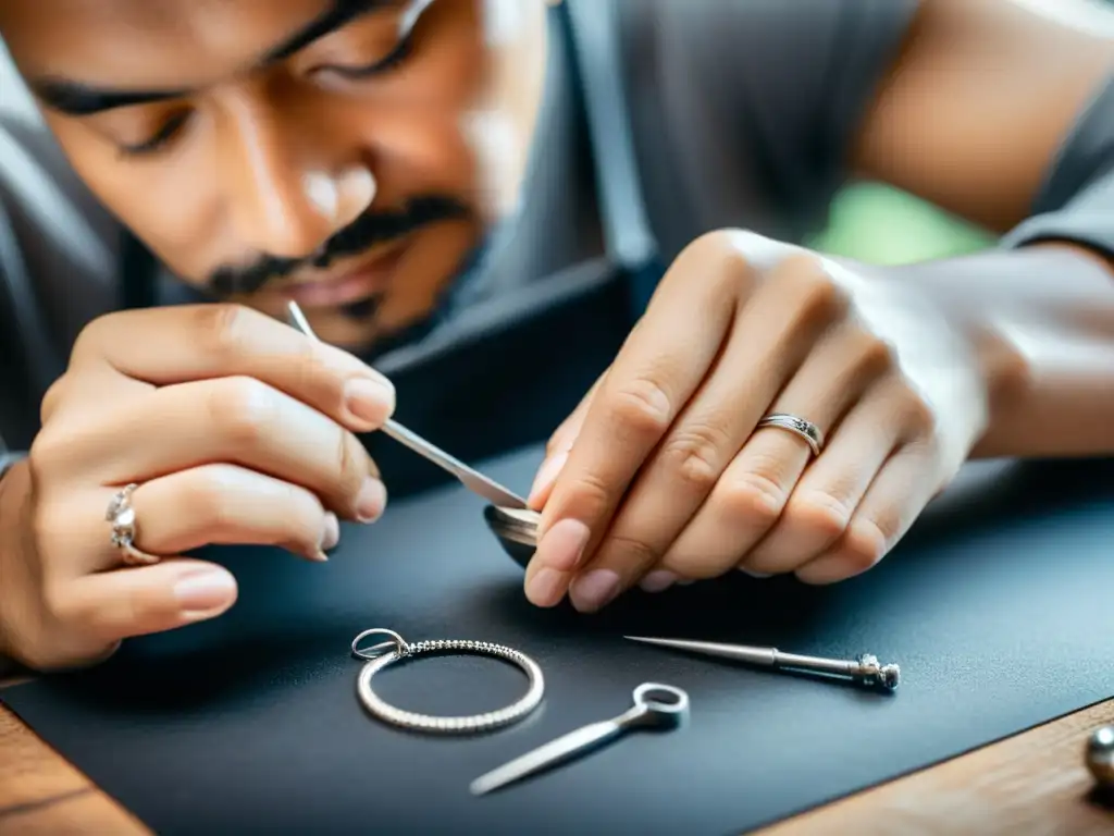 Un hábil artesano de joyería crea un collar de plata con precisión y dedicación