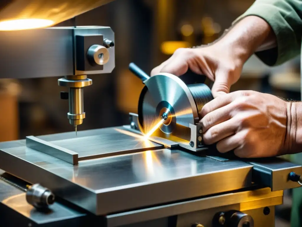 Un hábil artesano corta con precisión metal precioso usando sierras para cortar metales preciosos en un taller lleno de herramientas