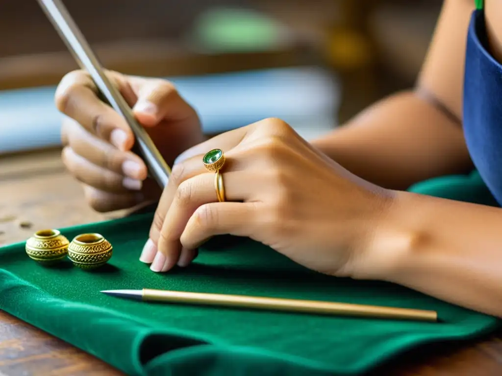 Artesano creando joyería ética con maestría Un hábil artesano crea joyería ética con cuidado y precisión, resaltando la belleza de la artesanía sostenible