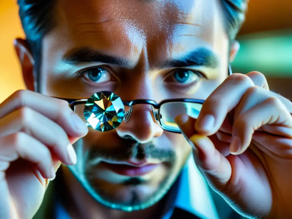 Experto joyero examina diamante ético con misterioso brillo Un hábil artesano examina con cuidado un deslumbrante diamante ético a través de una lupa, revelando su belleza natural y colores fascinantes
