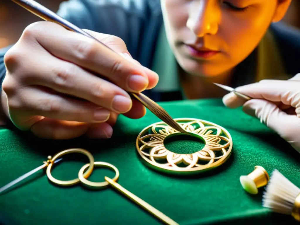 Un hábil artesano restaura con cuidado joyas antiguas, resaltando la belleza de la restauración de joyas antiguas seminarios