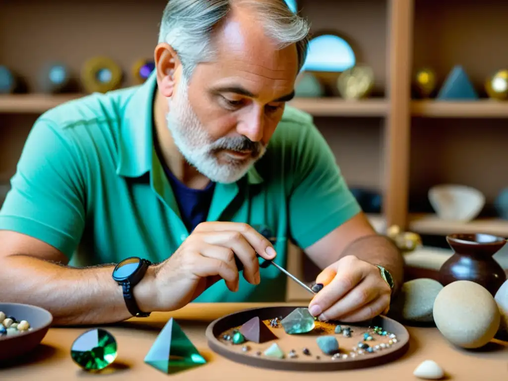 Un hábil artesano examina con cuidado un raro artefacto arqueológico rodeado de gemas y herramientas de joyería