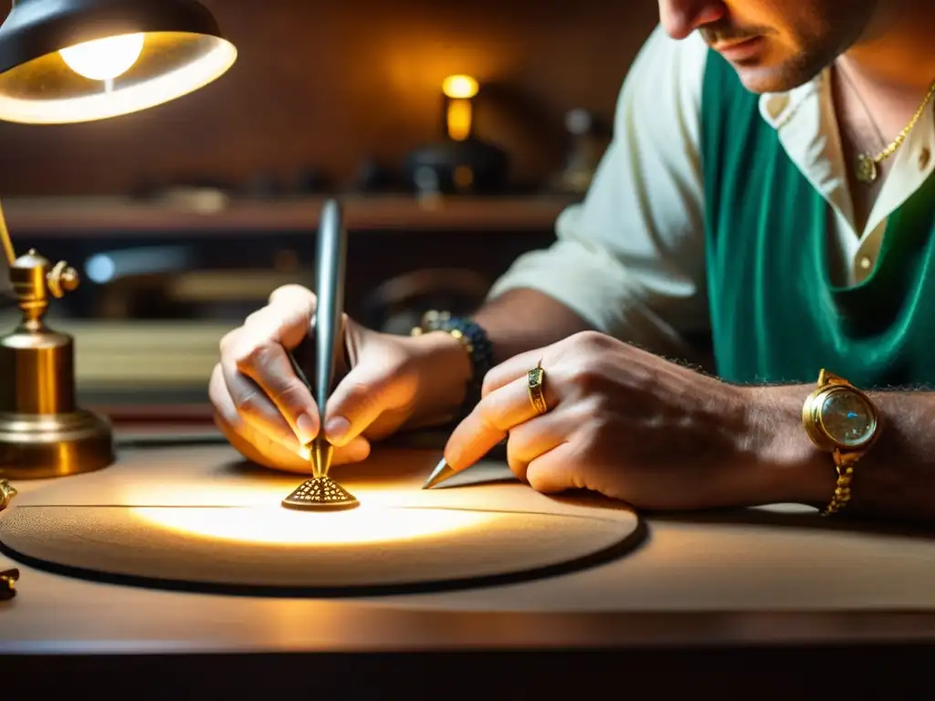 Un hábil artesano restaura con delicadeza una antigua joya bajo la cálida luz de su lámpara de escritorio