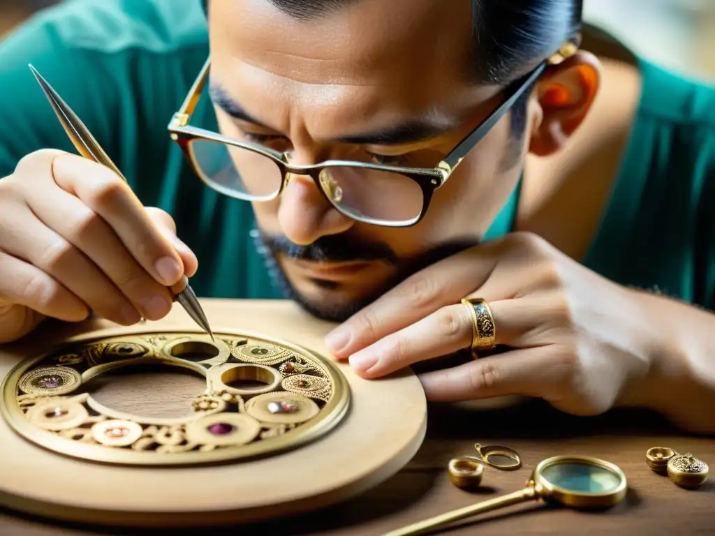 Un hábil artesano restaura con delicadeza una antigua joya, exudando reverencia por la artesanía y la historia