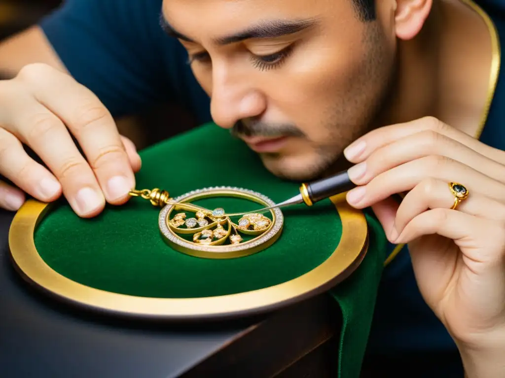 Un hábil artesano restaura con delicadeza un collar antiguo, resaltando la meticulosa labor de la restauración de joyas antiguas