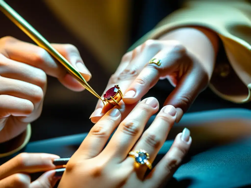 Un hábil artesano coloca con destreza una deslumbrante gema en un anillo de oro, creando una obra de joyería excepcional