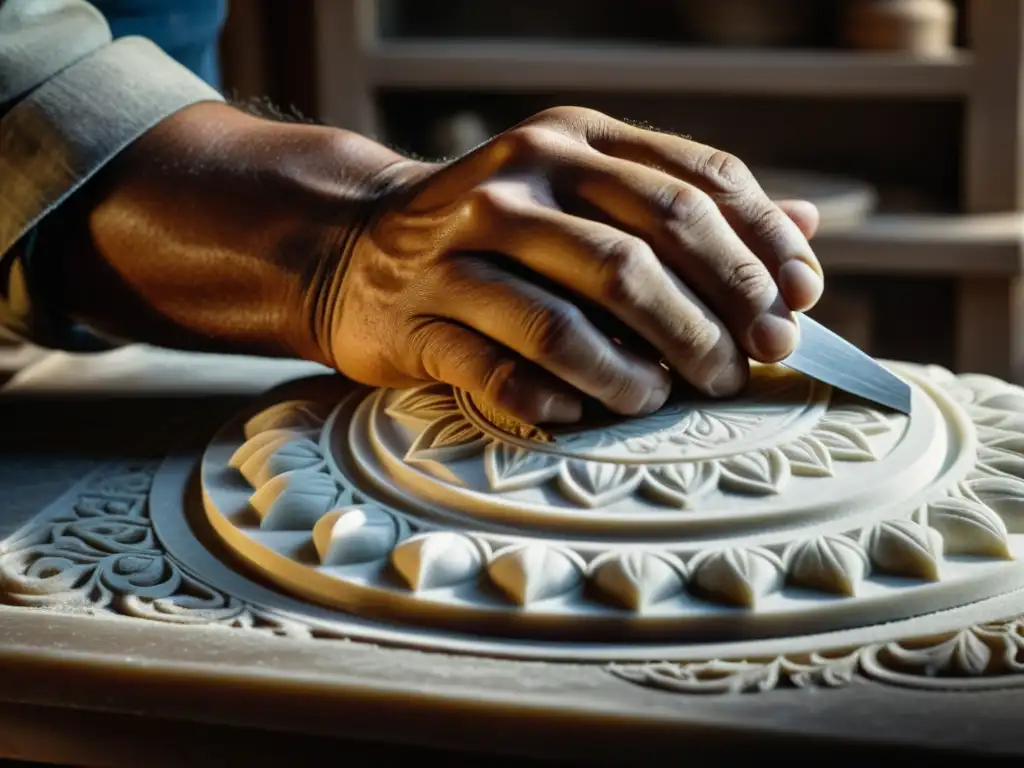 Un hábil artesano talla detalladamente un elegante molde de mármol en su taller, con una atmósfera de tradición y precisión