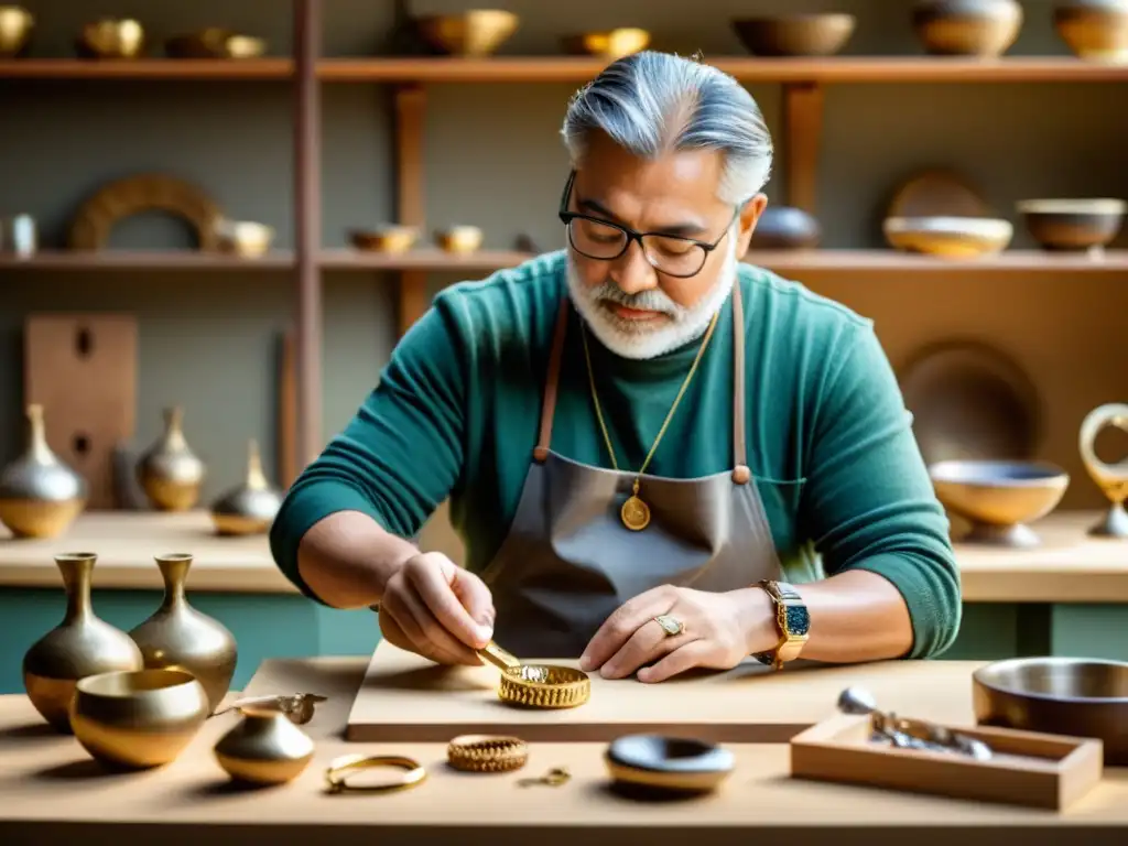 Un hábil artesano presenta con esmero una colección de joyas en un taller iluminado