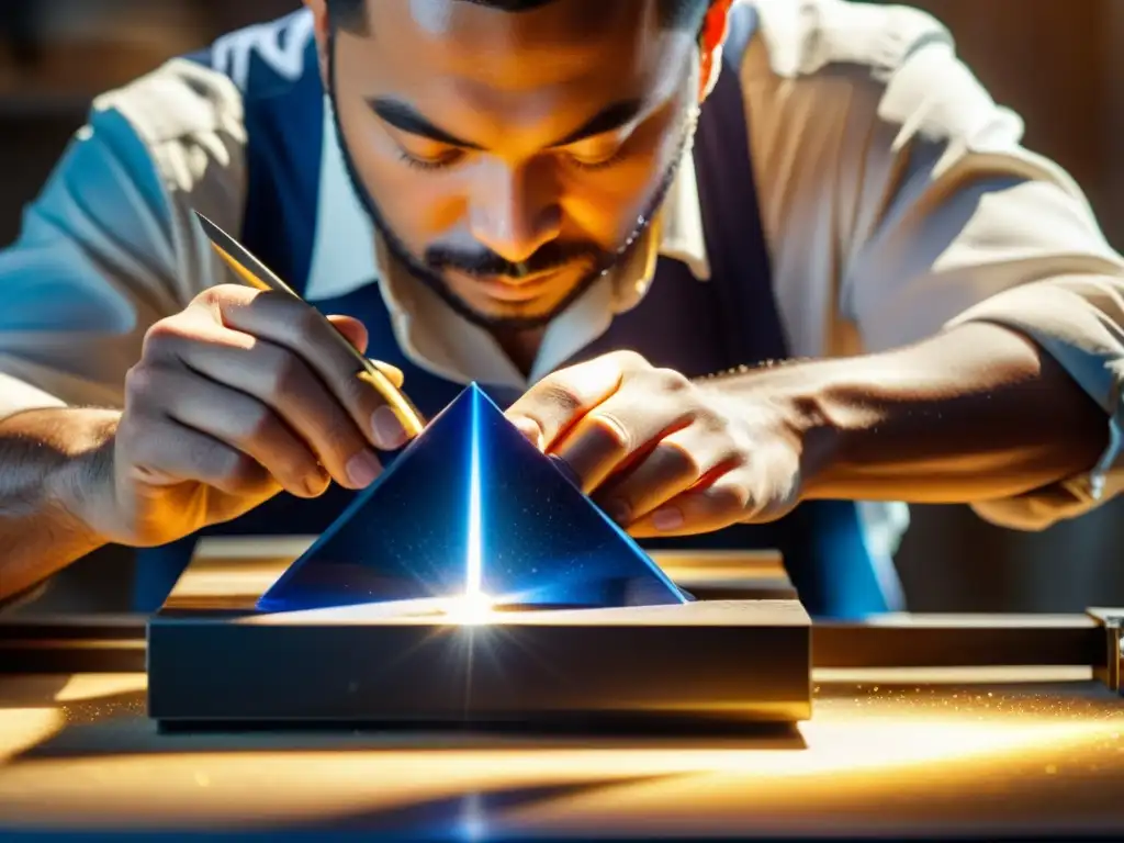 Un hábil artesano de gemas da forma a un zafiro multifacético, bañado por cálida luz dorada en su taller