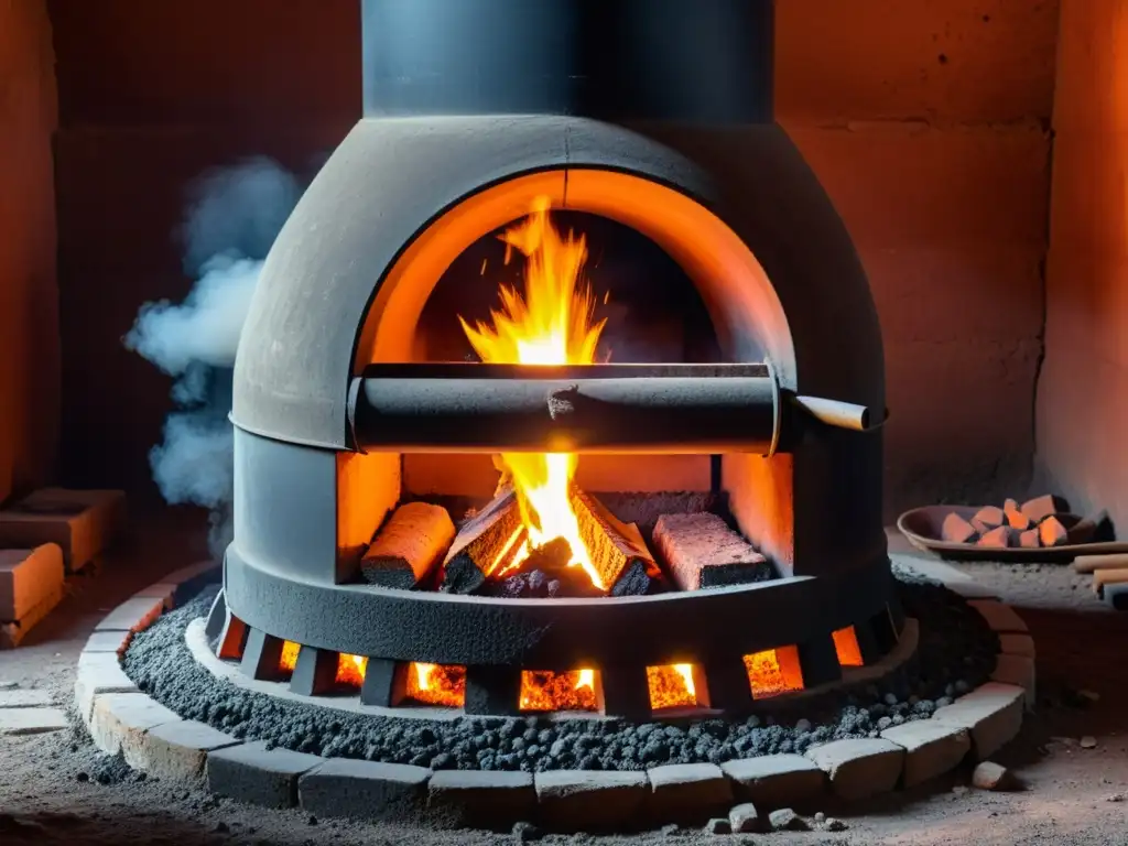 Un hábil artesano maneja un horno de arcilla tradicional en un intenso proceso de fundición de metales antiguos