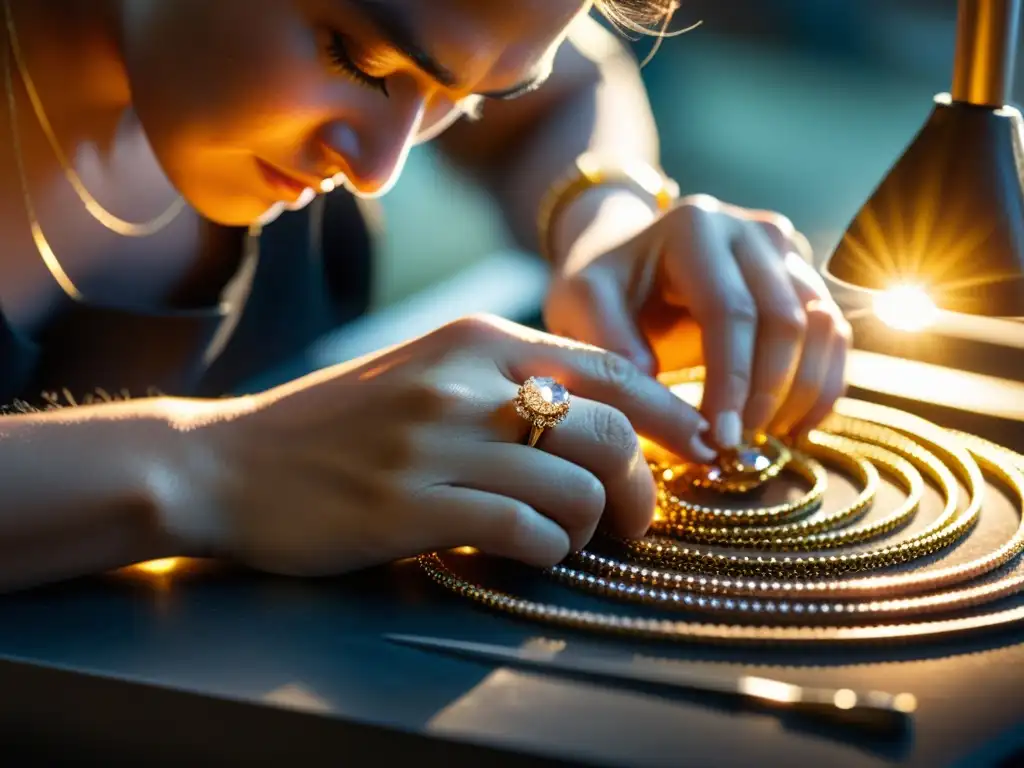 Un hábil artesano de joyas crea meticulosamente un collar de diamantes en un taller, reflejando la dedicación y la artesanía