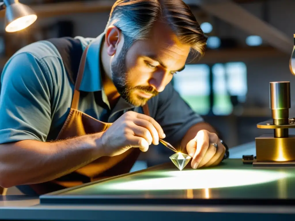 Un hábil artesano de joyas examina cuidadosamente un deslumbrante diamante bajo una luz brillante, con herramientas de precisión y equipos de prueba dispuestos en un banco de trabajo limpio y organizado