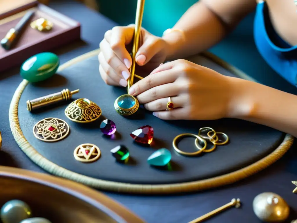 Un hábil artesano crea joyas con energía Feng Shui y armonía, rodeado de gemas, herramientas e encantos simbólicos