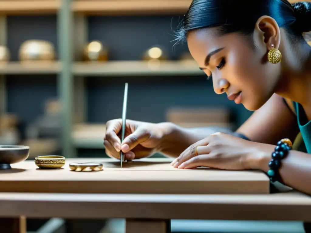 Un hábil artesano crea joyería con precisión y dedicación en un taller cálido