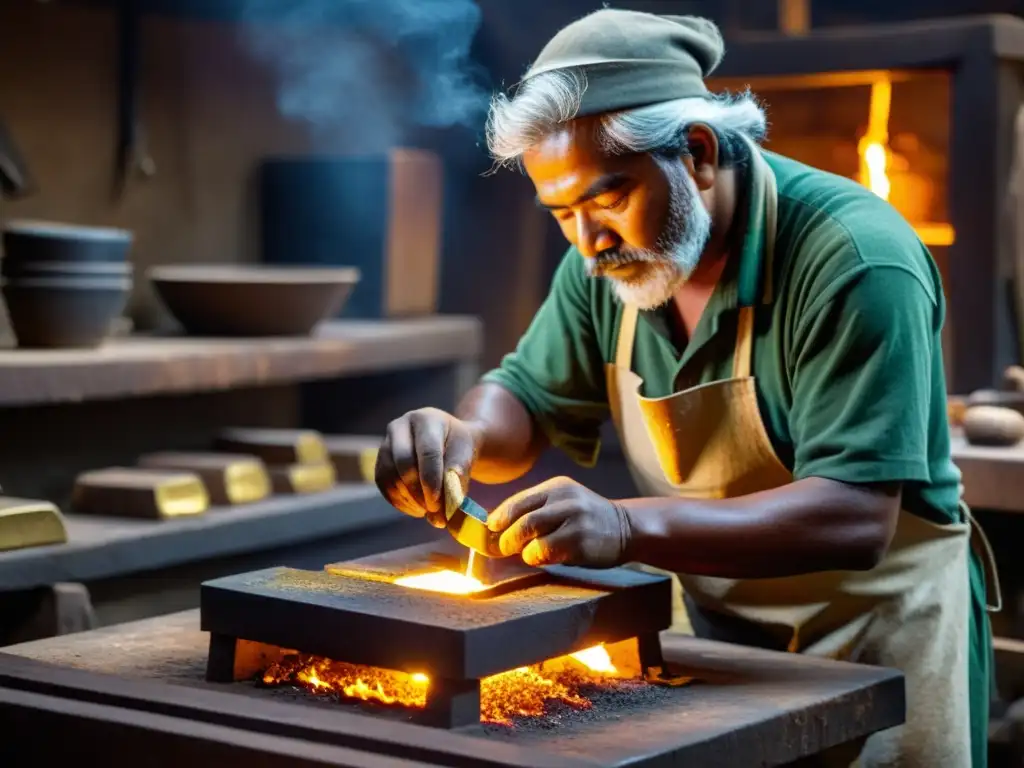 Un hábil artesano moldea oro crudo en barras en un taller tradicional, con el cálido brillo del metal iluminando su expresión concentrada