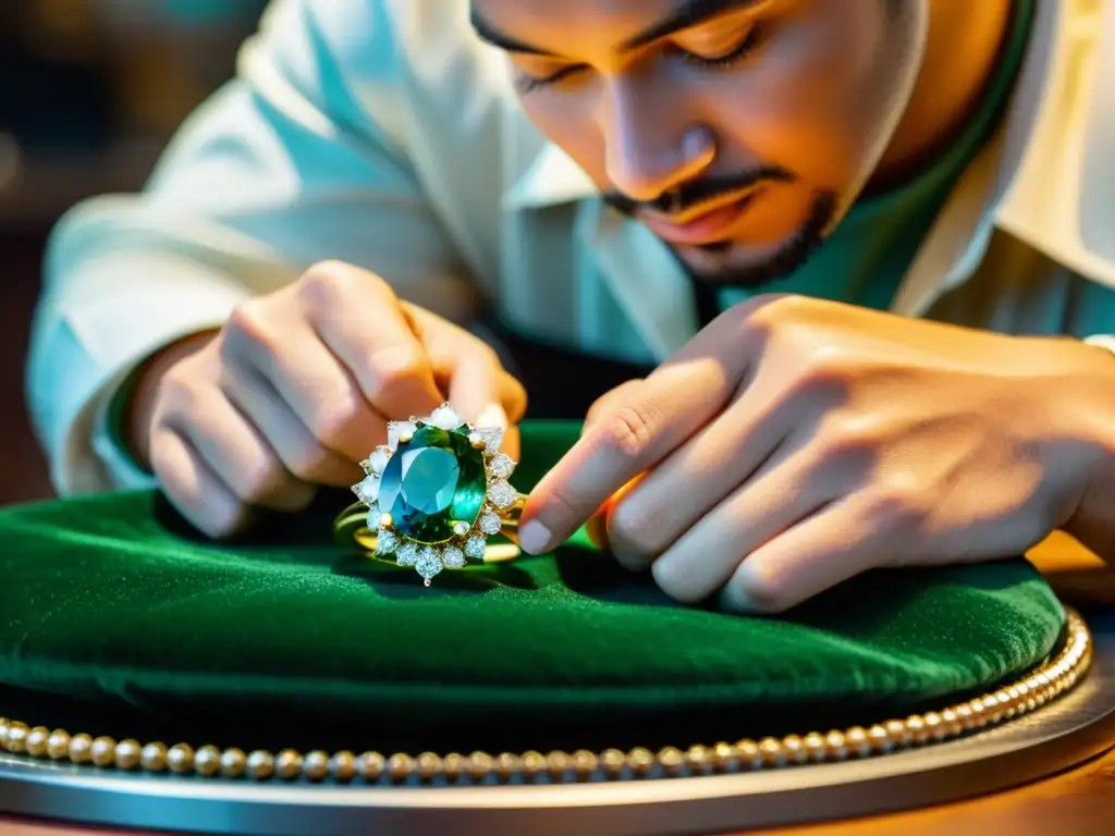 Un hábil artesano colocando una piedra preciosa en una joya elaborada, rodeado de lujo y belleza