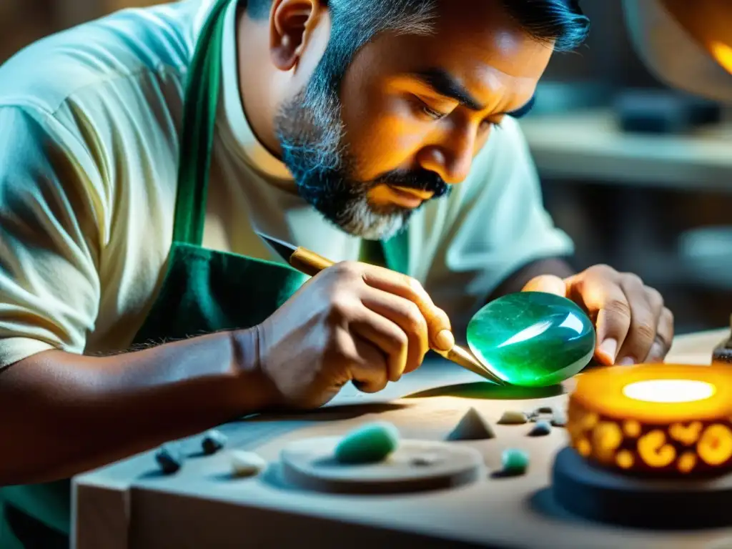 Un hábil artesano tallando con precisión una piedra preciosa, revelando colores vibrantes y patrones intrincados