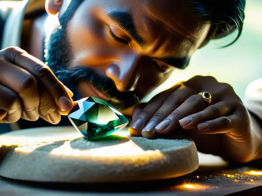 Un hábil artesano tallando con precisión una piedra preciosa, concentrado y meticuloso