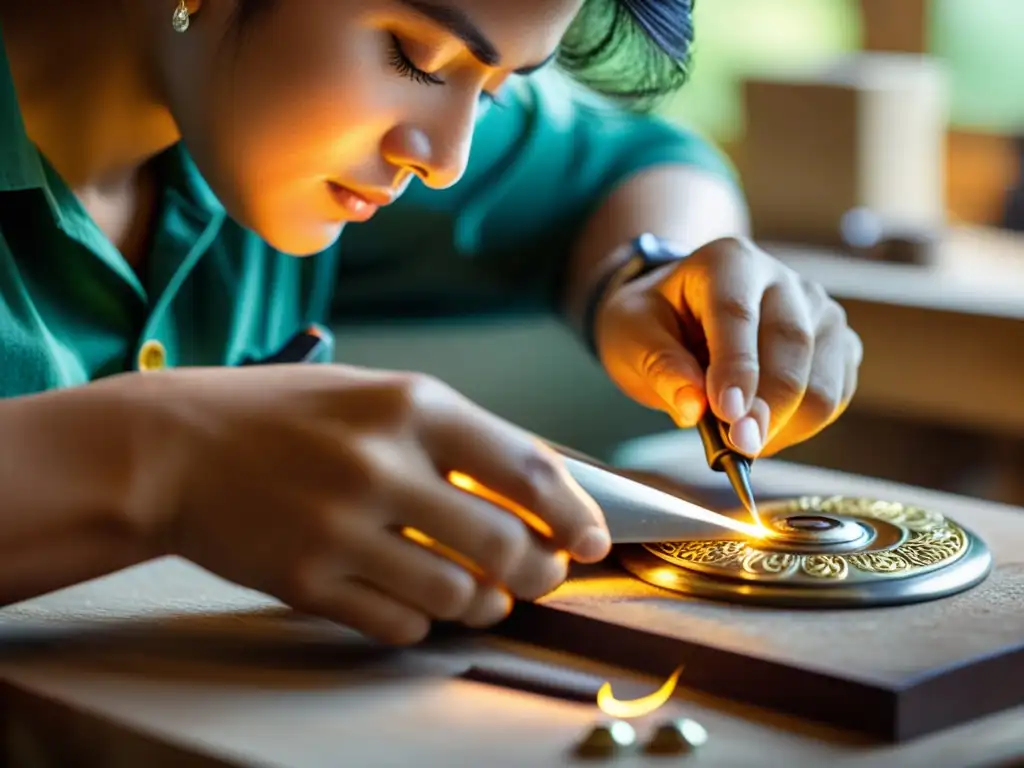 Un hábil artesano en un taller de joyería, creando con precisión una pieza delicada