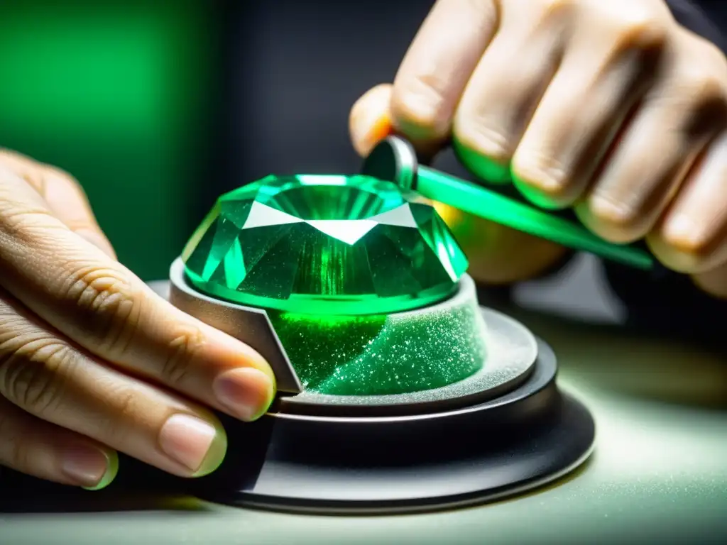 Maestro cortador de gemas esculpe un vibrante esmeralda Un hábil cortador de gemas dando forma a una esmeralda rara y vibrante bajo una luz brillante