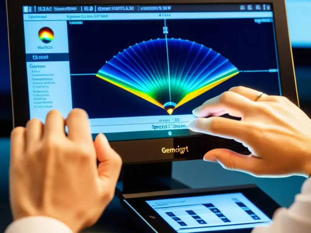 Un hábil gemólogo utilizando el software SpectraGem para analizar un raro y multifacético mineral bajo iluminación precisa