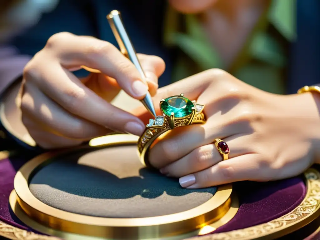 Un hábil joyero coloca con destreza una piedra preciosa en un anillo, destacando la artesanía y precisión en la creación de joyería a medida