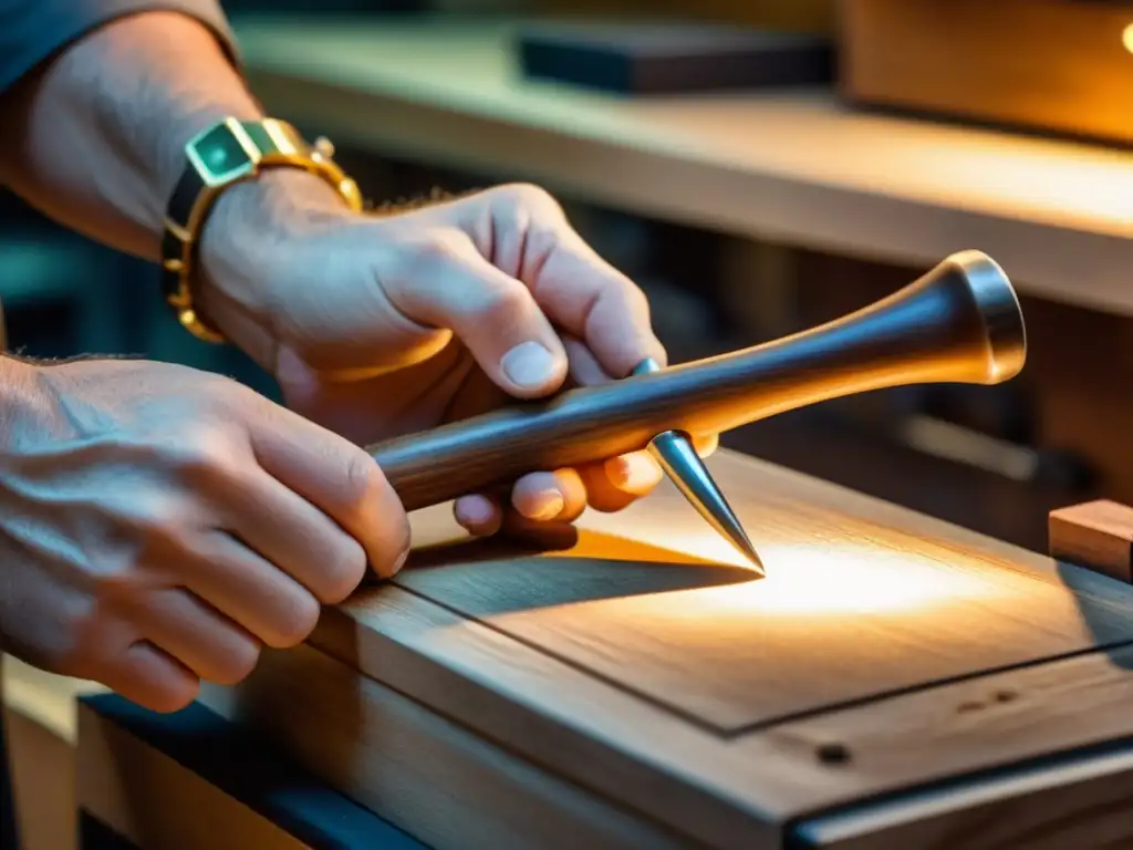 Un hábil joyero sostiene un elegante martillo para joyería, rodeado de herramientas y materiales en un taller meticuloso