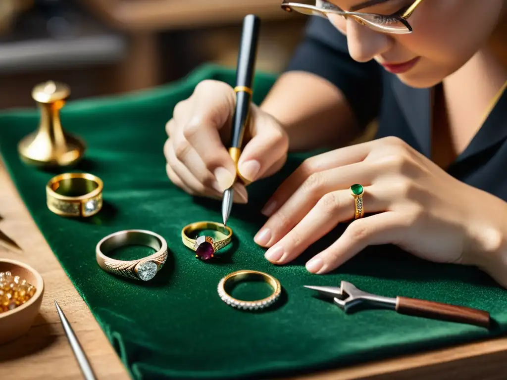 Un hábil joyero con elegantes anillos, crea meticulosamente una joya