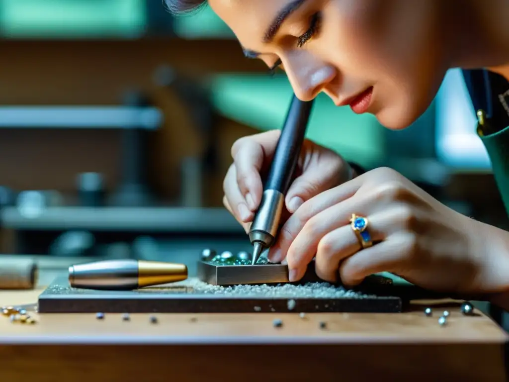 Un hábil joyero utiliza delicadamente un martillo para joyería en su banco de trabajo, creando una obra de arte con precisión y detalle