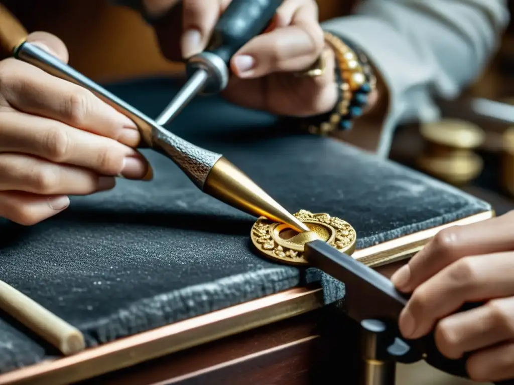 Un hábil joyero utiliza un martillo para joyería, creando una pieza de metal precioso en un taller tradicional