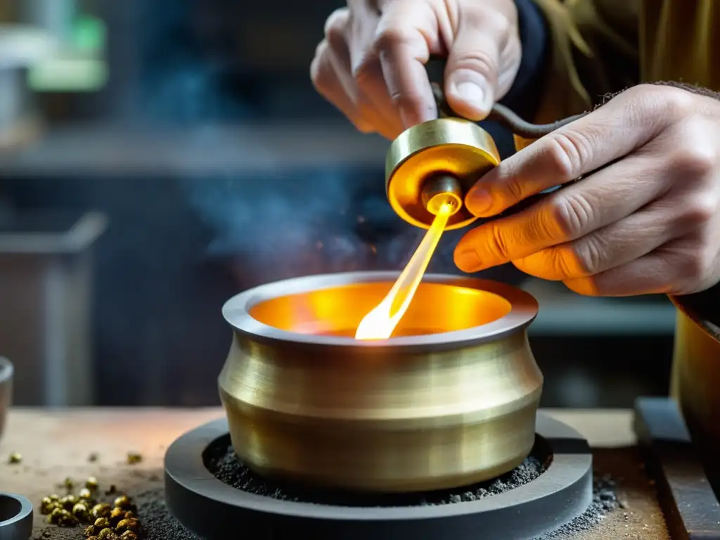 Un hábil joyero manipula delicadamente oro fundido en una crisol, creando una pieza ornamental