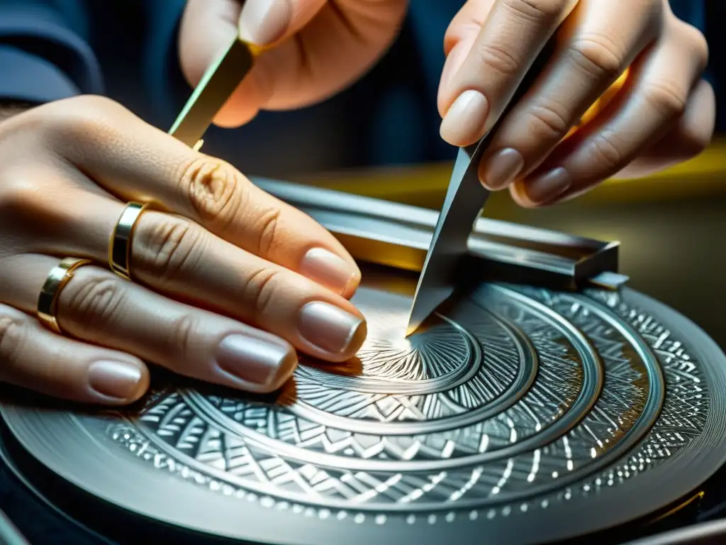 Un hábil joyero guía una sierra para cortar metales preciosos a través de una lámina brillante, mostrando la precisión y belleza del proceso de corte