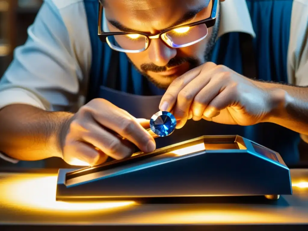 Un hábil tallador de gemas da forma a una rara y vibrante zafiro con precisión, iluminado por un fascinante haz de luz