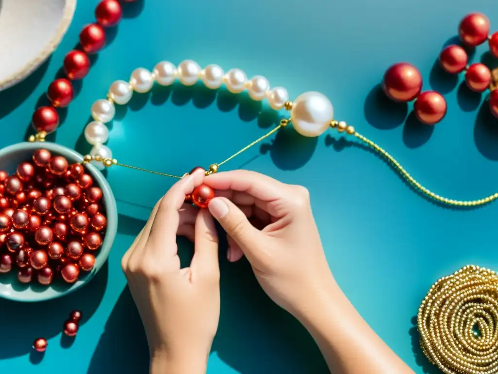 Las hábiles manos de un artesano en un taller especializado de joyería perlas corales creando una exquisita pieza de joyería