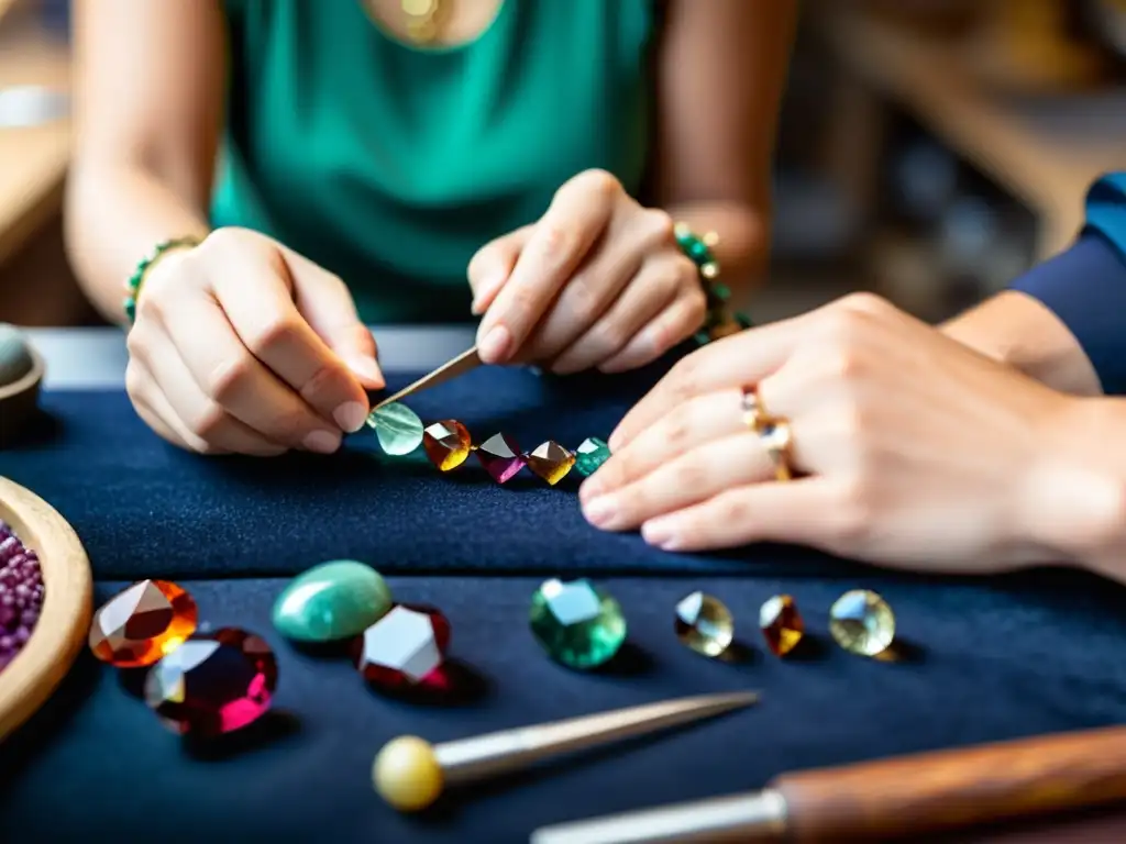 Un habilidoso artesano crea un collar de gemas en su taller de joyería fines terapéuticos, mostrando detalle y dedicación