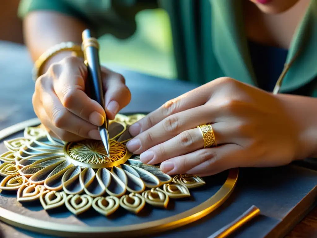 Un habilidoso artesano crea con meticulosidad una joya de filigrana en plata y oro