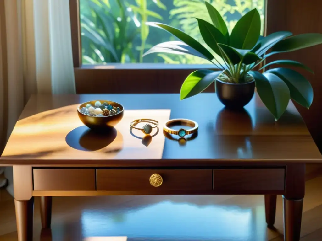 Una habitación serena y soleada con joyas cuidadosamente dispuestas en una mesa de madera, rodeada de elementos naturales como plantas y cristales