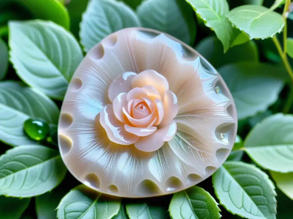 Una hermosa pieza de cuarzo rosa con patrones delicados, reflejando la luz