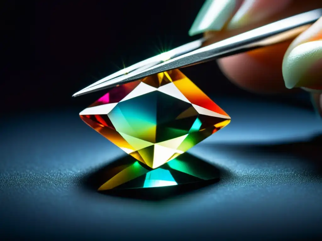 Deslumbrante gema: detalle en tweezers Un hermoso y detallado close-up de una gema sostenida delicadamente por pinzas, reflejando luz en un deslumbrante espectáculo de colores