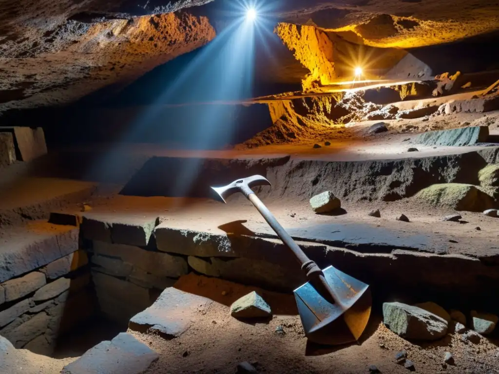 Herramientas tradicionales de minería en mina histórica, con desgaste y texturas auténticas