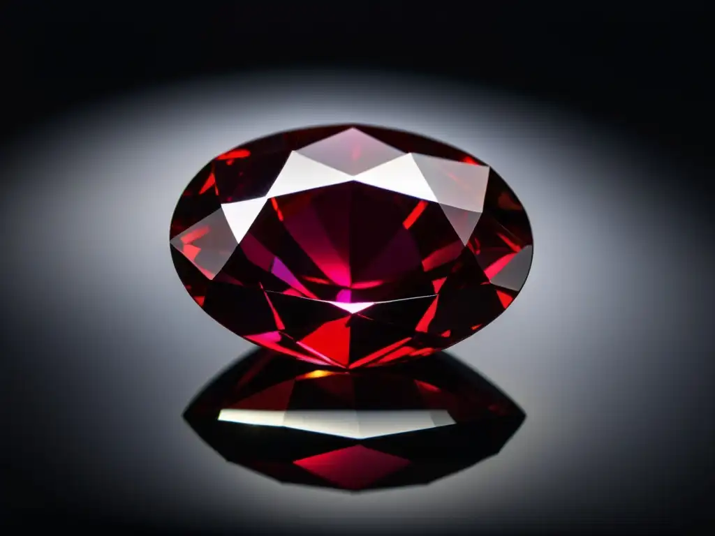 Un hipnótico rubí rojo sobre fondo negro, con intrincadas facetas y cualidades refractivas