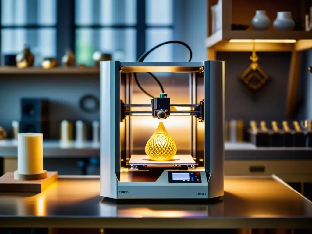 Un 3D printer iluminado destaca el impacto ambiental y la precisión en la joyería de modelado 3D