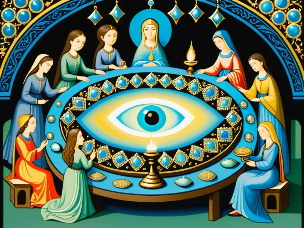 Una ilustración detallada medieval muestra a personas alrededor de una mesa con ópalos, mientras una mujer realiza un ritual contra el mal de ojo