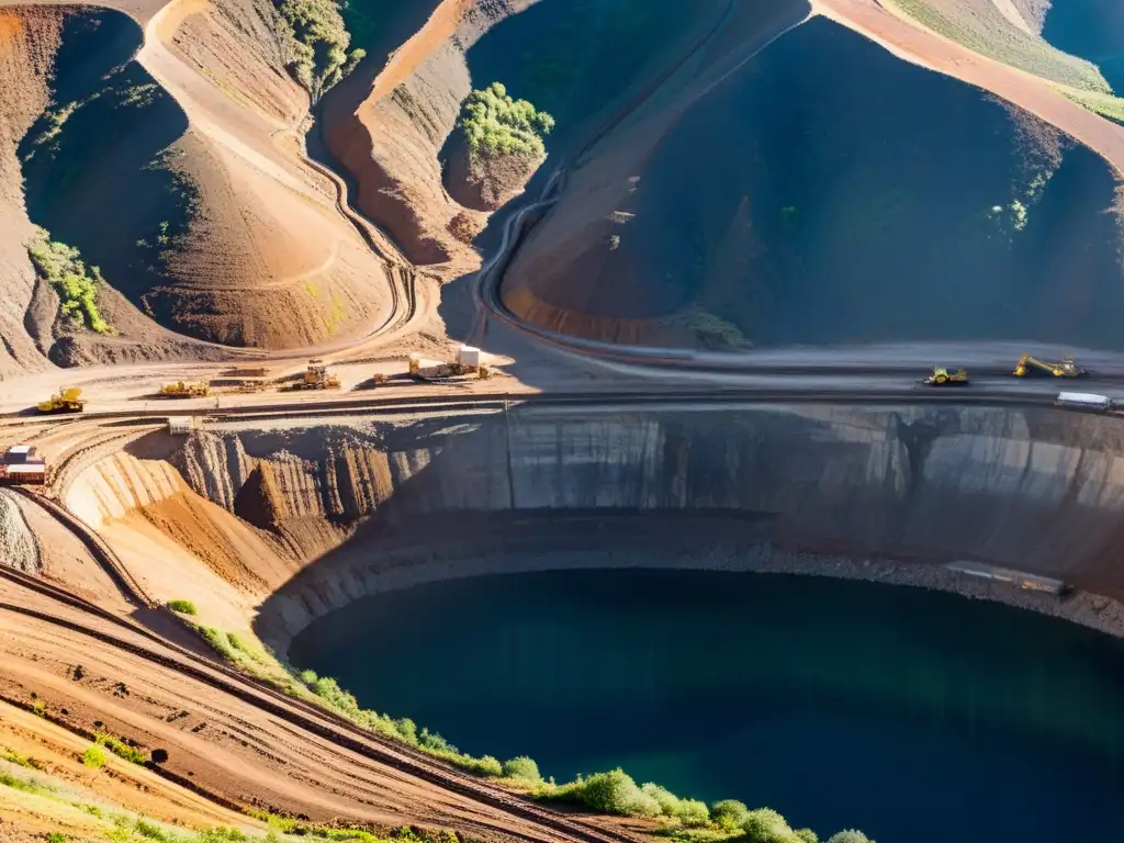 Imagen aérea de minas con maquinaria y túneles, resalta la prevención desastres minería geotécnica en terrenos accidentados