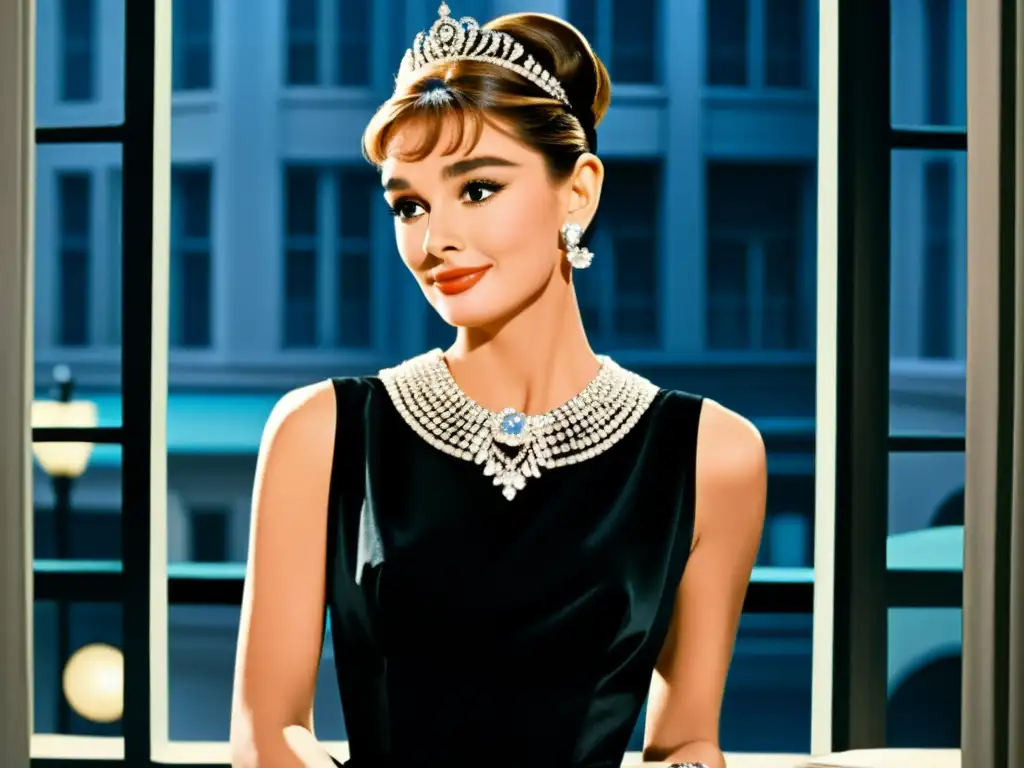 Imagen de Audrey Hepburn en 'Breakfast at Tiffany's', deslumbrante con joyería, reflejando la influencia del cine en joyería con glamour atemporal