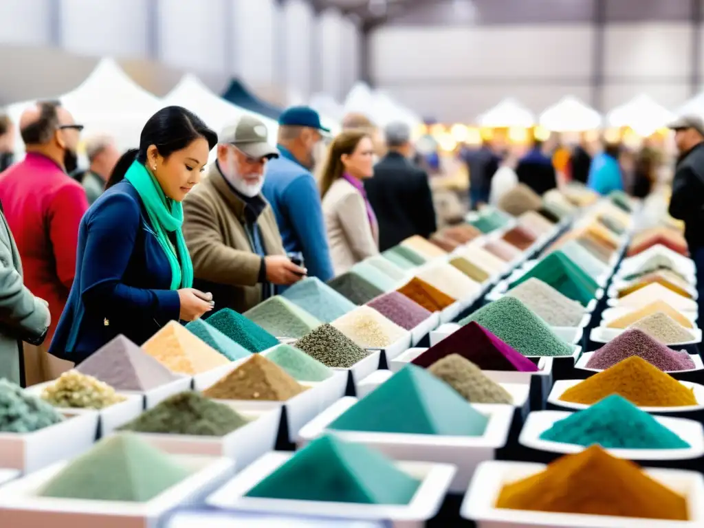 Imagen de una bulliciosa feria mineral con colores vibrantes, texturas cautivadoras y entusiastas aprendiendo sobre minerales