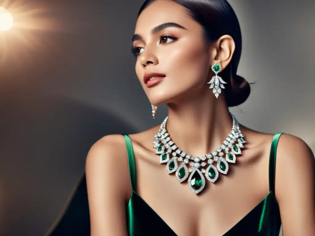 Imagen de campaña de colaboración con influencer de joyería de lujo, destacando la belleza del collar y pendientes de diamantes