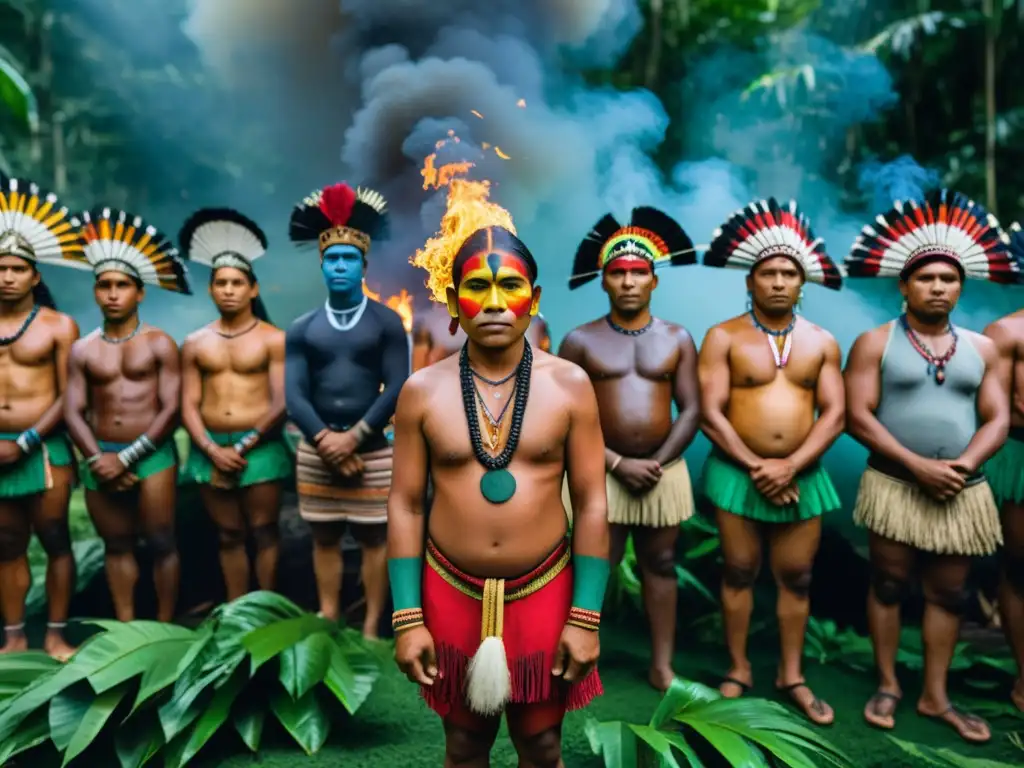 Imagen detallada de comunidad indígena en ritual para proteger su tierra de la minería insostenible