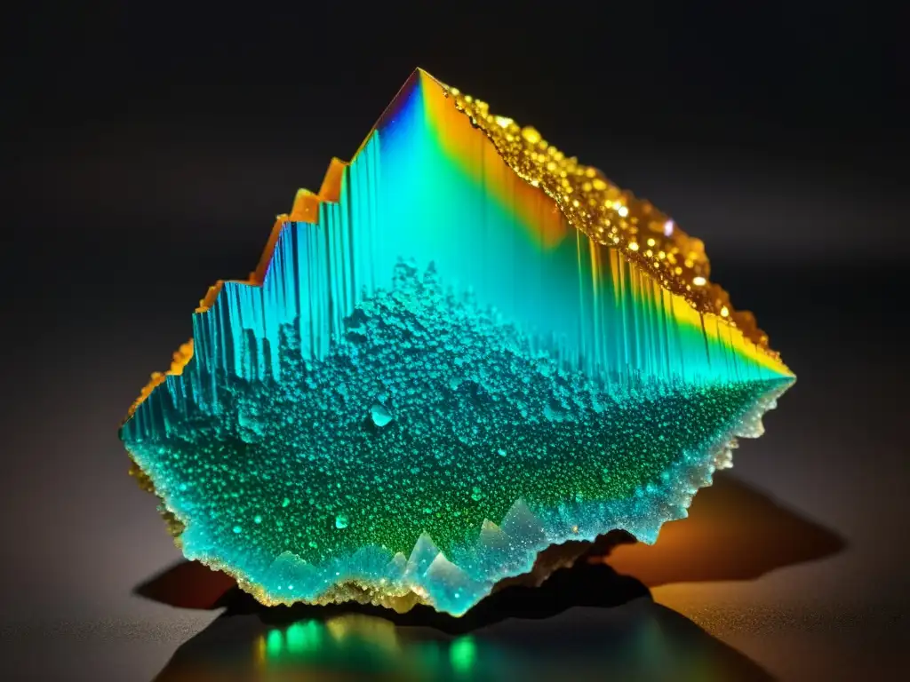 Mineral de arsénico iridiscente: belleza y peligro Una imagen detallada de un mineral de arsénico iridiscente, resaltando su estructura cristalina y colores vibrantes