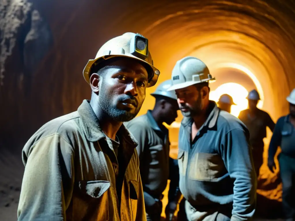 Imagen detallada de mineros trabajando en un túnel subterráneo, reflejando la ética en la inversión de minerales